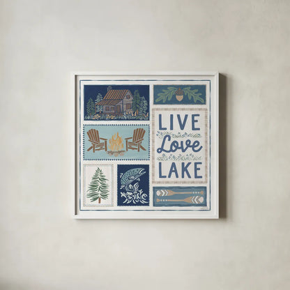 Lakeside Days VIII by Laura Marshall. Shown in a crisp white glass frame for a clean and minimalist style. Available as an archival giclee rolled canvas, fine art paper, or poster print. SKU 84690a.