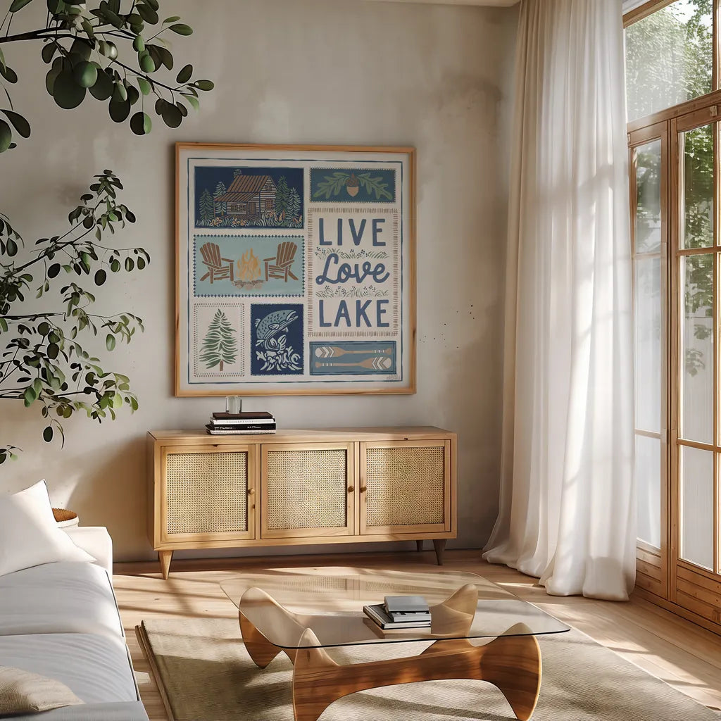 Lakeside Days VIII by Laura Marshall. Shown in a natural wood frame in a cozy modern living room. Available as an archival giclee rolled canvas, fine art paper, or poster print. SKU 84690a.