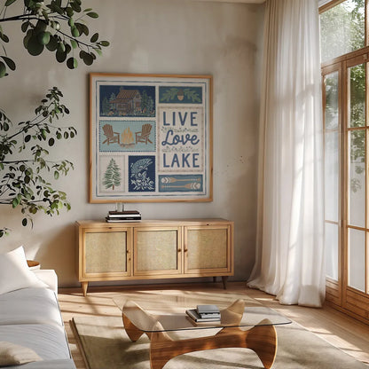 Lakeside Days VIII by Laura Marshall. Shown in a natural wood frame in a cozy modern living room. Available as an archival giclee rolled canvas, fine art paper, or poster print. SKU 84690a.