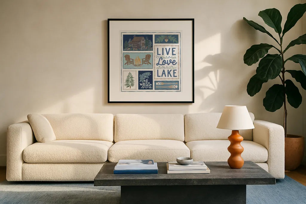 Lakeside Days VIII by Laura Marshall. Displayed in a glass frame with matte in a clean modern living room. Available as an archival giclee rolled canvas, fine art paper, or poster print. SKU 84690a.