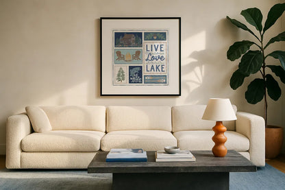 Lakeside Days VIII by Laura Marshall. Displayed in a glass frame with matte in a clean modern living room. Available as an archival giclee rolled canvas, fine art paper, or poster print. SKU 84690a.