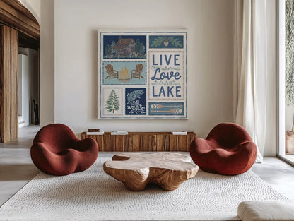 Lakeside Days VIII by Laura Marshall. Shown as extra-large giant wall art in a modern living room. Available as an archival giclee rolled canvas, fine art paper, or poster print. SKU 84690a.