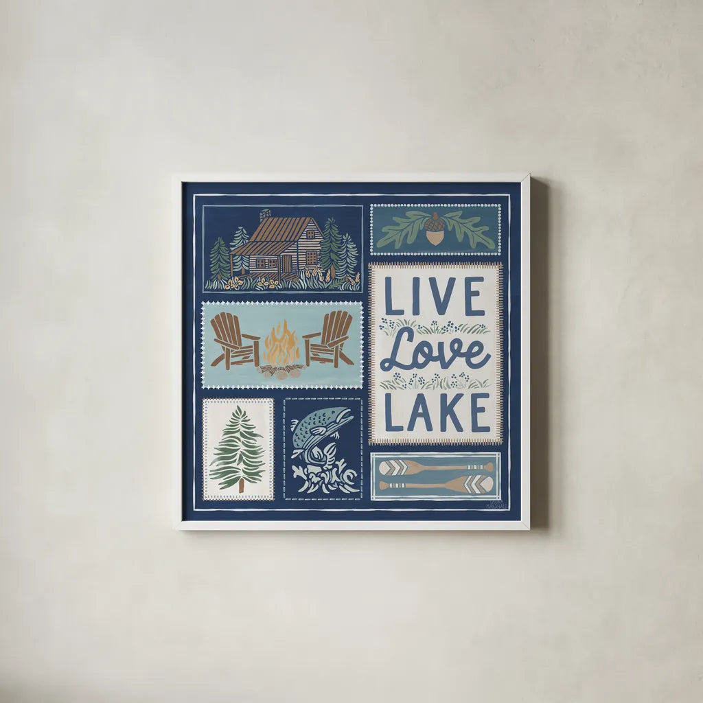Lakeside Days VIII Blue by Laura Marshall. Shown in a crisp white glass frame for a clean and minimalist style. Available as an archival giclee rolled canvas, fine art paper, or poster print. SKU 84702a.