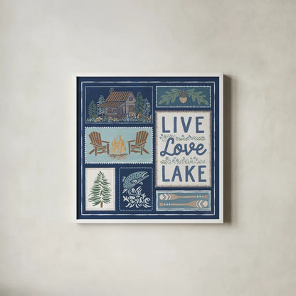 Lakeside Days VIII Blue by Laura Marshall. Shown in a crisp white glass frame for a clean and minimalist style. Available as an archival giclee rolled canvas, fine art paper, or poster print. SKU 84702a.