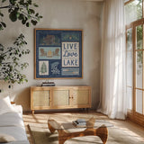 Lakeside Days VIII Blue by Laura Marshall. Shown in a natural wood frame in a cozy modern living room. Available as an archival giclee rolled canvas, fine art paper, or poster print. SKU 84702a.