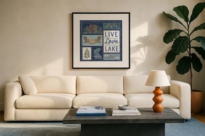 Lakeside Days VIII Blue by Laura Marshall. Displayed in a glass frame with matte in a clean modern living room. Available as an archival giclee rolled canvas, fine art paper, or poster print. SKU 84702a.