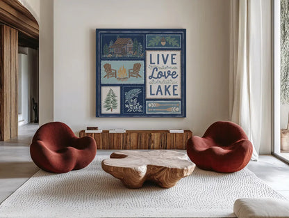 Lakeside Days VIII Blue by Laura Marshall. Shown as extra-large giant wall art in a modern living room. Available as an archival giclee rolled canvas, fine art paper, or poster print. SKU 84702a.