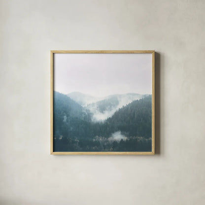 Landscape I Blue by Laura Marshall. Shown in a natural wood glass frame for a timeless modern aesthetic. Available as an archival giclee rolled canvas, fine art paper, or poster print. SKU 56285a.