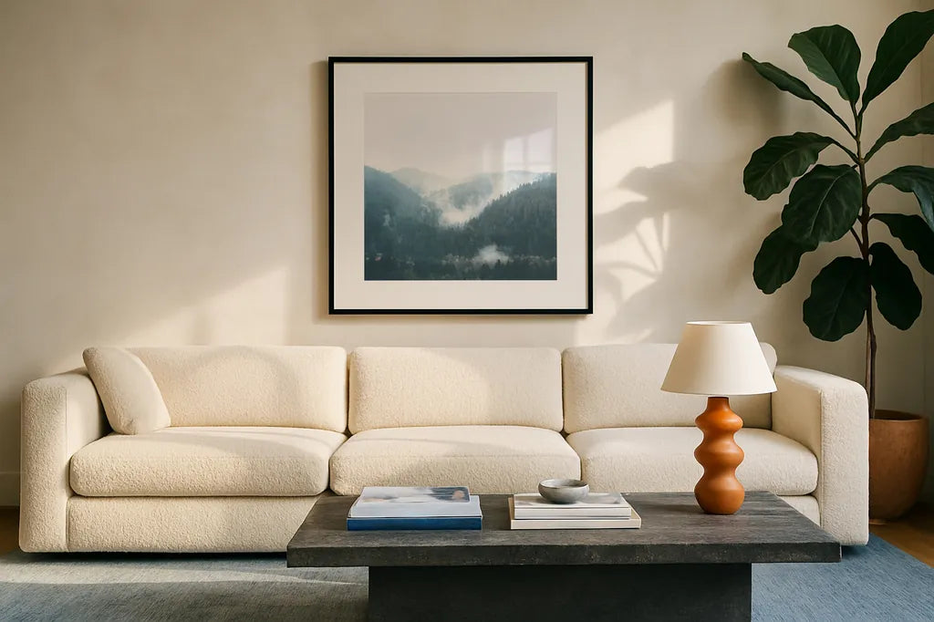 Landscape I Blue by Laura Marshall. Displayed in a glass frame with matte in a clean modern living room. Available as an archival giclee rolled canvas, fine art paper, or poster print. SKU 56285a.