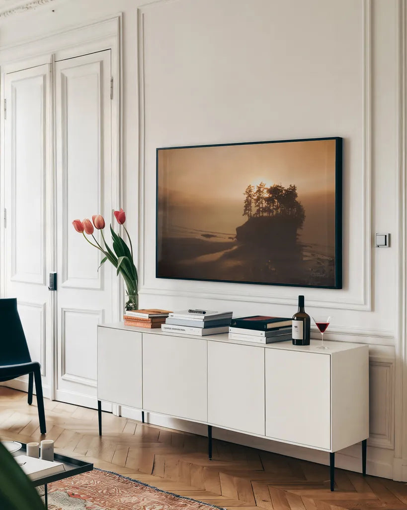 Last Light by Laura Marshall. shown as a framed stretched canvas in a living room above a console. Available as a archival giclee rolled canvas, fine art paper, or poster print. SKU 42970i.