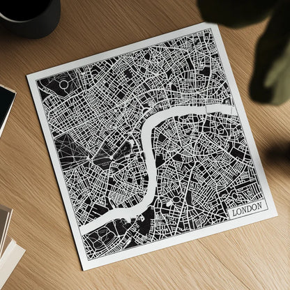 London Map Black by Laura Marshall. Shown as a detailed flat fine art print, highlighting archival giclee quality. Available as an archival giclee rolled canvas, fine art paper, or poster print. SKU 60392a.