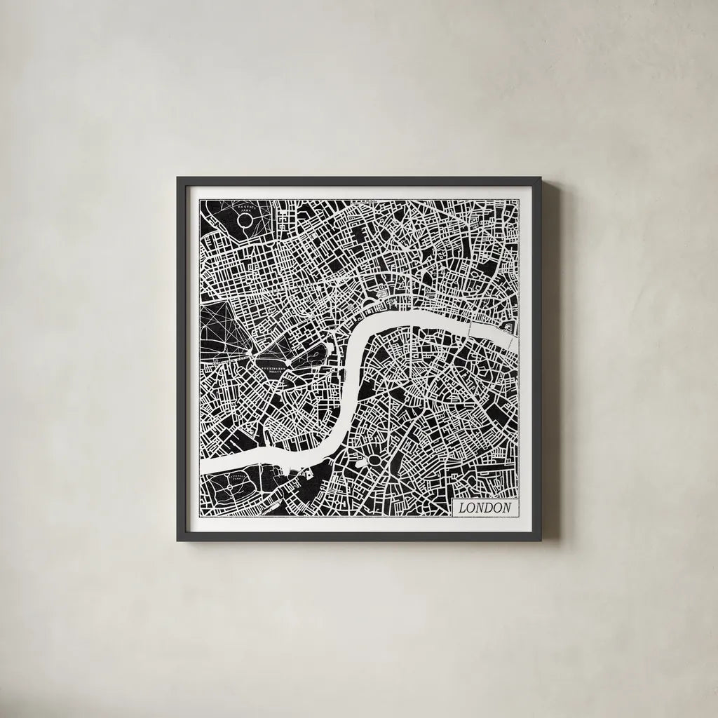 London Map Black by Laura Marshall. Shown in a sleek black glass frame for a contemporary gallery look. Available as an archival giclee rolled canvas, fine art paper, or poster print. SKU 60392a.