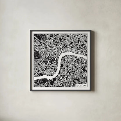London Map Black by Laura Marshall. Shown in a sleek black glass frame for a contemporary gallery look. Available as an archival giclee rolled canvas, fine art paper, or poster print. SKU 60392a.
