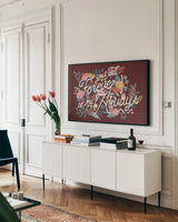 Love Letters II by Laura Marshall. shown as a framed stretched canvas in a living room above a console. Available as a archival giclee rolled canvas, fine art paper, or poster print. SKU 61075i.