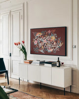 Love Letters II Forever by Laura Marshall. shown as a framed stretched canvas in a living room above a console. Available as a archival giclee rolled canvas, fine art paper, or poster print. SKU 78012i.