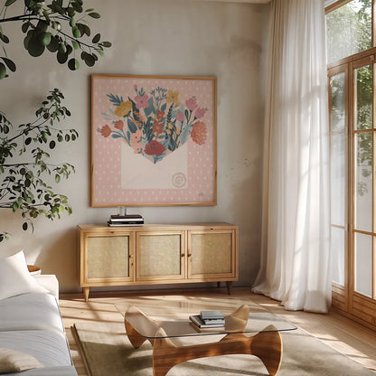 Love Letters III No Words by Laura Marshall. Shown in a natural wood frame in a cozy modern living room. Available as an archival giclee rolled canvas, fine art paper, or poster print. SKU 61842a.