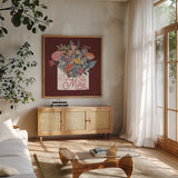Love Letters IV by Laura Marshall. Shown in a natural wood frame in a cozy modern living room. Available as an archival giclee rolled canvas, fine art paper, or poster print. SKU 61077a.