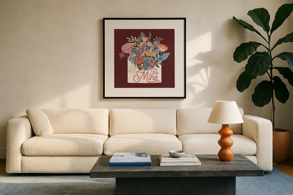 Love Letters IV by Laura Marshall. Displayed in a glass frame with matte in a clean modern living room. Available as an archival giclee rolled canvas, fine art paper, or poster print. SKU 61077a.