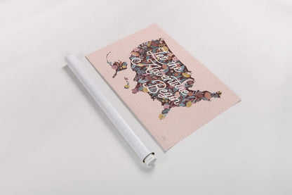 Love Letters Map by Laura Marshall. shown as a rolled paper print. Available as archival giclee rolled canvas, fine art paper, or poster print. SKU 63414i.