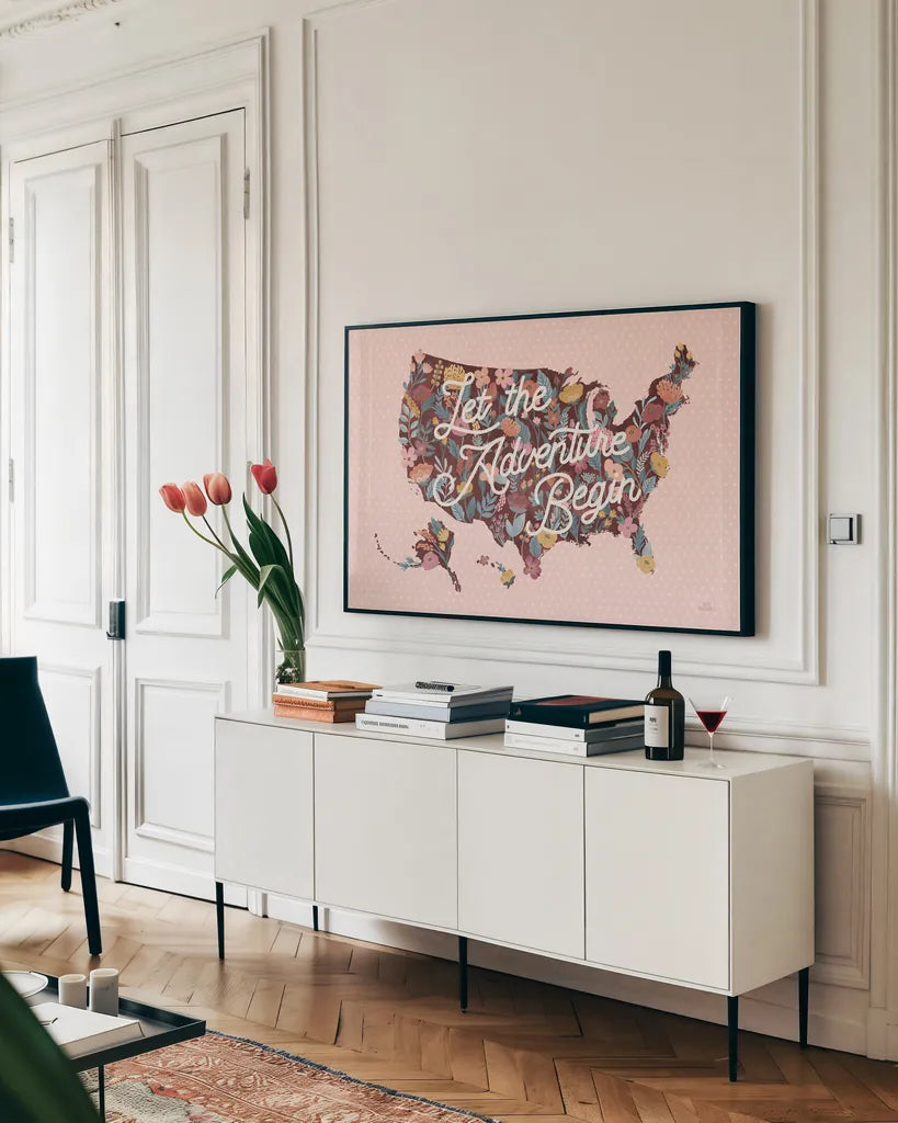 Love Letters Map by Laura Marshall. shown as a framed stretched canvas in a living room above a console. Available as a archival giclee rolled canvas, fine art paper, or poster print. SKU 63414i.
