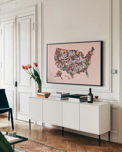 Love Letters Map by Laura Marshall. shown as a framed stretched canvas in a living room above a console. Available as a archival giclee rolled canvas, fine art paper, or poster print. SKU 63414i.
