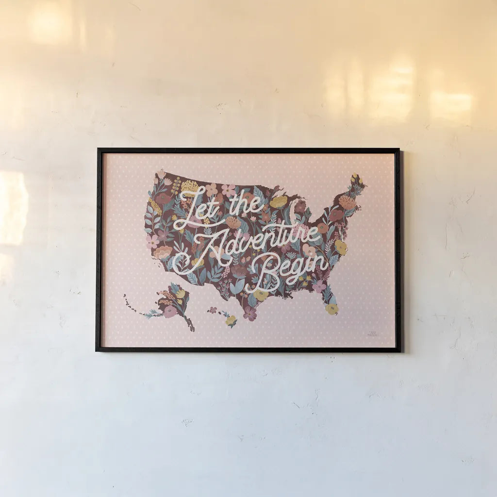 Love Letters Map by Laura Marshall. shown as a paper print in a black flame. Available as a archival giclee rolled canvas, fine art paper, or poster print. SKU 63414i.
