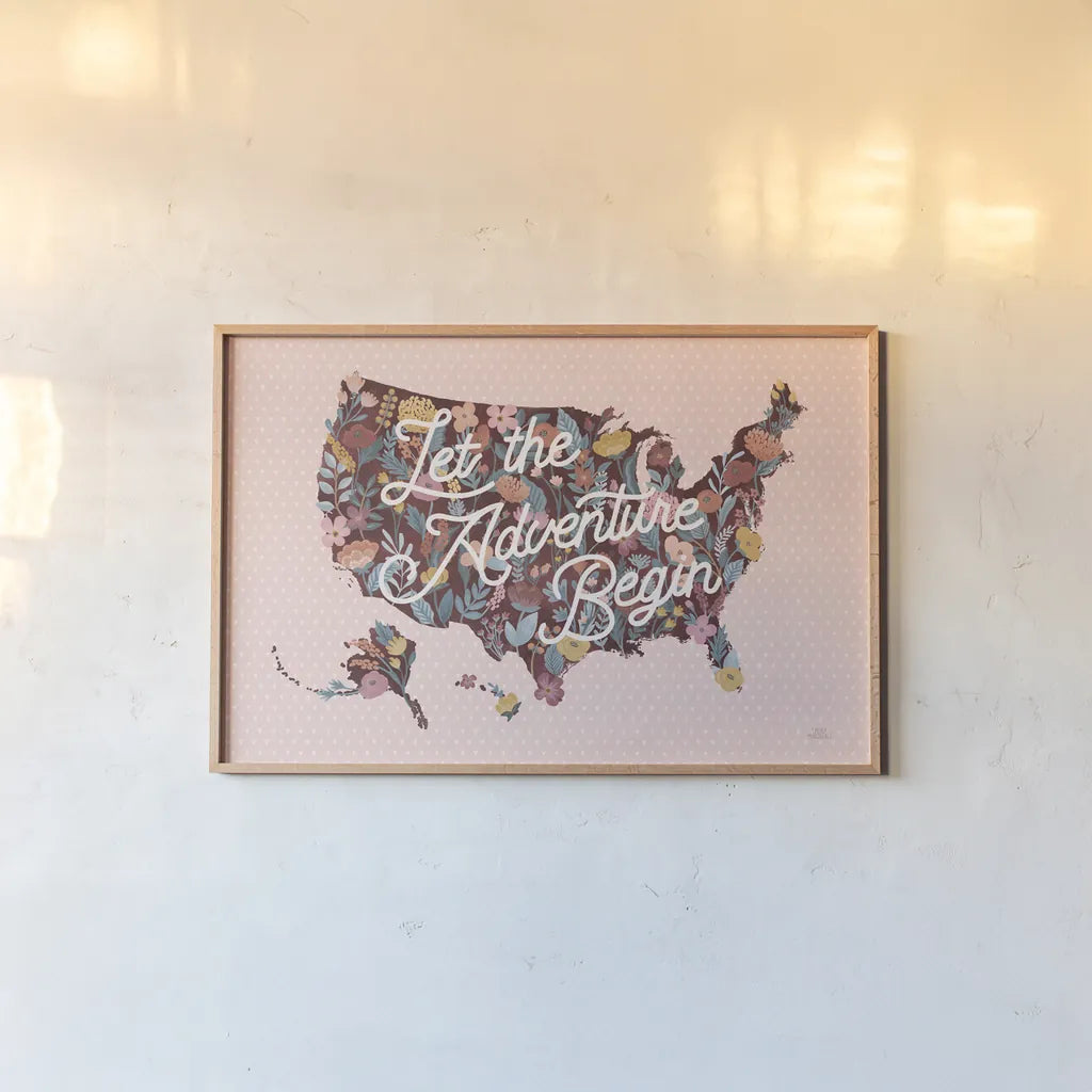 Love Letters Map by Laura Marshall. shown as a paper print in a natural frame. Available as a archival giclee rolled canvas, fine art paper, or poster print. SKU 63414i.