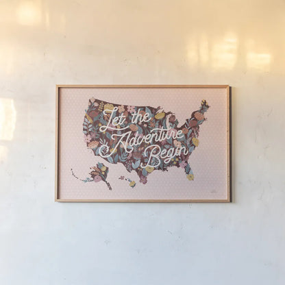 Love Letters Map by Laura Marshall. shown as a paper print in a natural frame. Available as a archival giclee rolled canvas, fine art paper, or poster print. SKU 63414i.