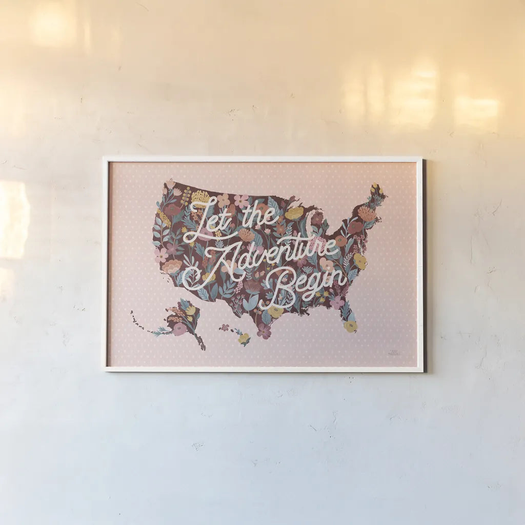 Love Letters Map by Laura Marshall. shown as a paper print in a white frame. Available as a archival giclee rolled canvas, fine art paper, or poster print. SKU 63414i.