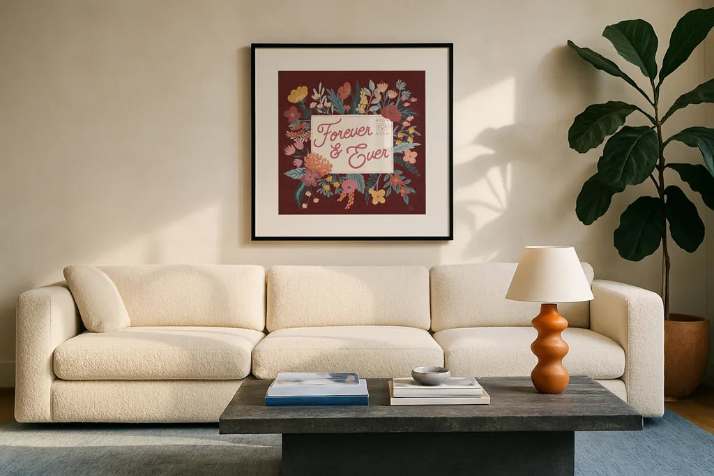 Love Letters V by Laura Marshall. Displayed in a glass frame with matte in a clean modern living room. Available as an archival giclee rolled canvas, fine art paper, or poster print. SKU 61078a.