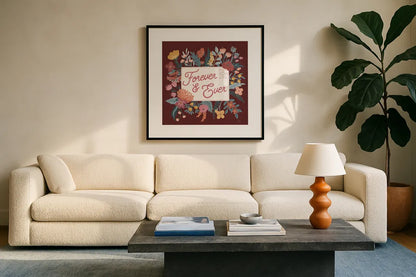 Love Letters V by Laura Marshall. Displayed in a glass frame with matte in a clean modern living room. Available as an archival giclee rolled canvas, fine art paper, or poster print. SKU 61078a.