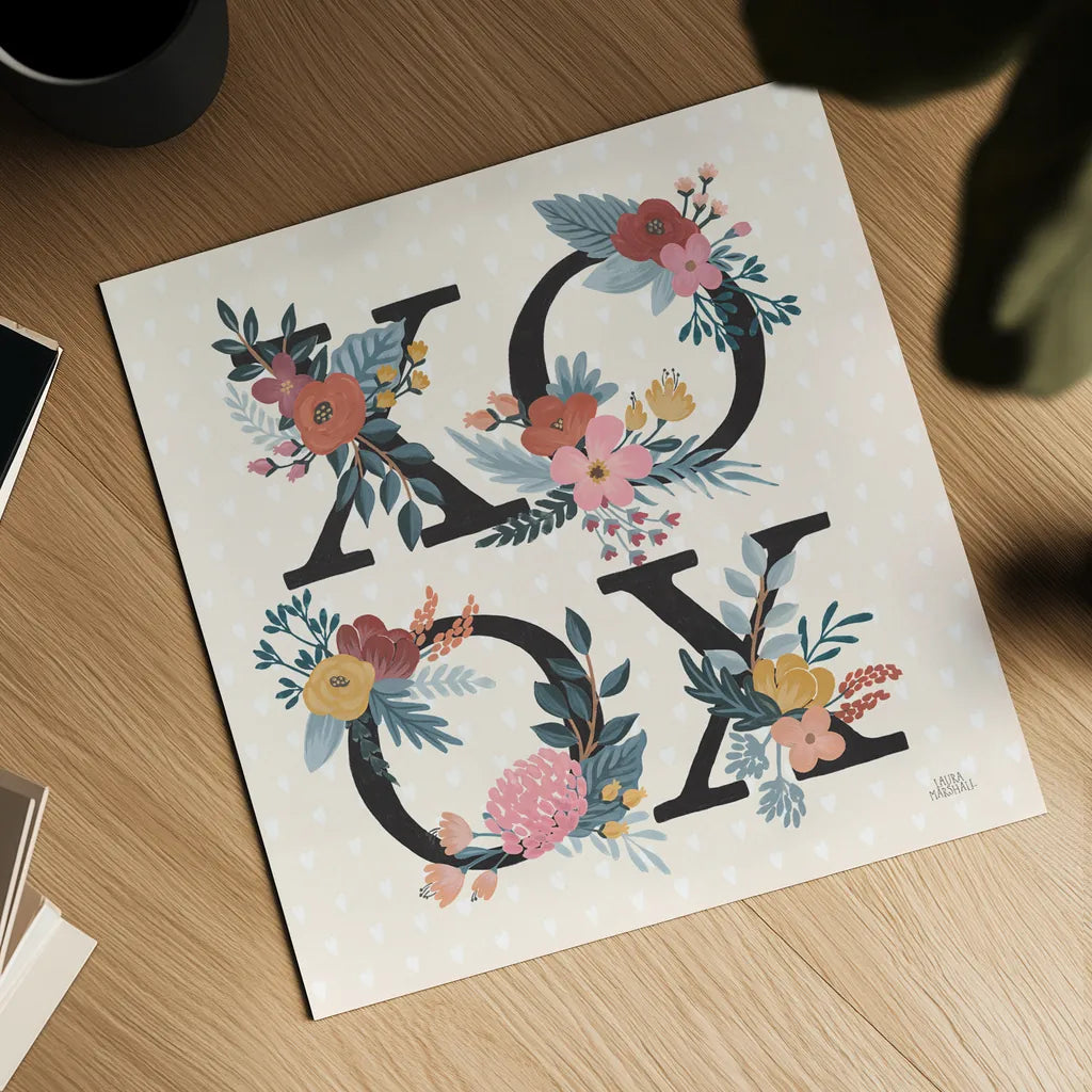 Love Letters VIII Black by Laura Marshall. Shown as a detailed flat fine art print, highlighting archival giclee quality. Available as an archival giclee rolled canvas, fine art paper, or poster print. SKU 70513a.