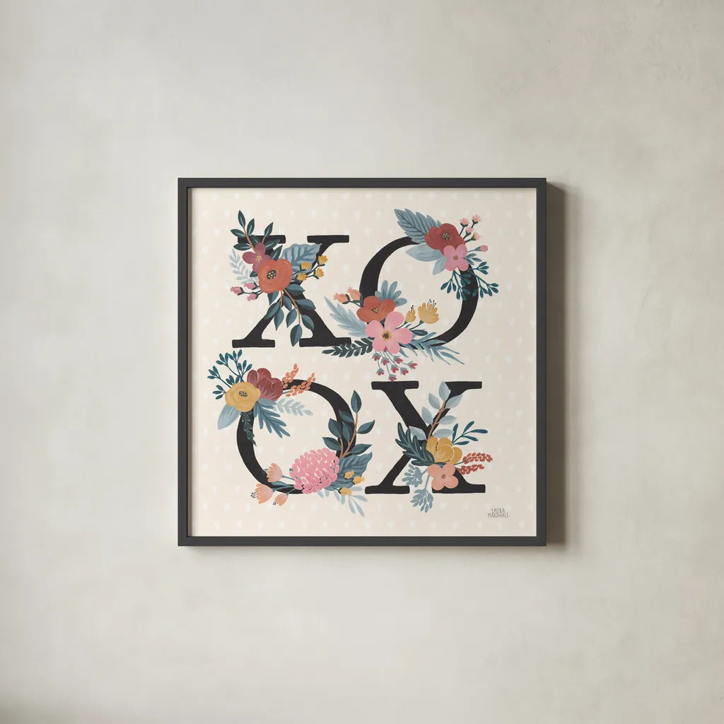 Love Letters VIII Black by Laura Marshall. Shown in a sleek black glass frame for a contemporary gallery look. Available as an archival giclee rolled canvas, fine art paper, or poster print. SKU 70513a.