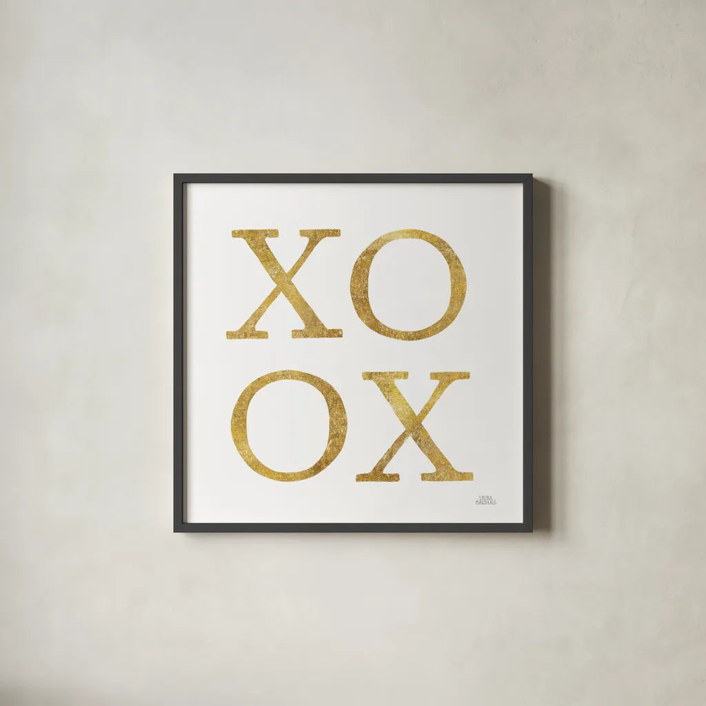 Love Letters XoXo by Laura Marshall. Shown in a sleek black glass frame for a contemporary gallery look. Available as an archival giclee rolled canvas, fine art paper, or poster print. SKU 67433a.
