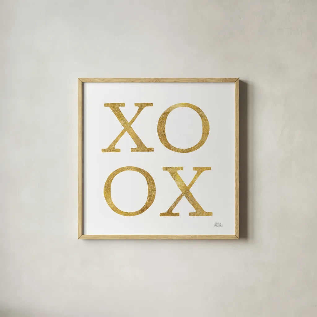 Love Letters XoXo by Laura Marshall. Shown in a natural wood glass frame for a timeless modern aesthetic. Available as an archival giclee rolled canvas, fine art paper, or poster print. SKU 67433a.