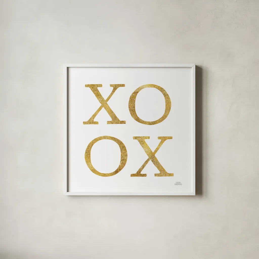 Love Letters XoXo by Laura Marshall. Shown in a crisp white glass frame for a clean and minimalist style. Available as an archival giclee rolled canvas, fine art paper, or poster print. SKU 67433a.