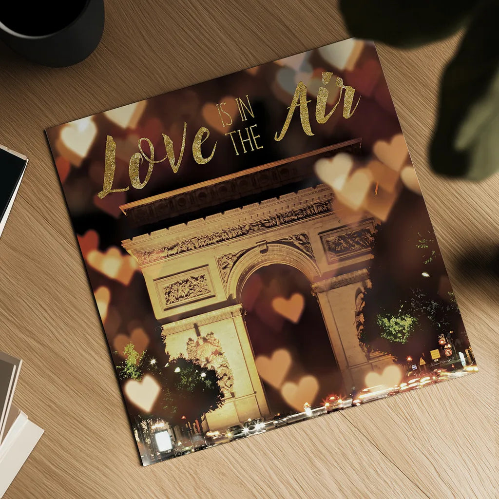 Love is in the Air Arc de Triomphe by Laura Marshall. Shown as a detailed flat fine art print, highlighting archival giclee quality. Available as an archival giclee rolled canvas, fine art paper, or poster print. SKU 32258a.
