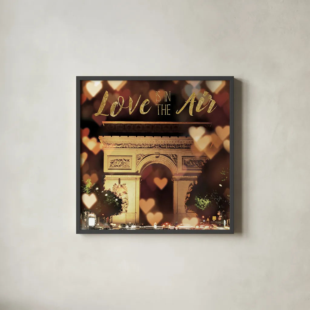 Love is in the Air Arc de Triomphe by Laura Marshall. Shown in a sleek black glass frame for a contemporary gallery look. Available as an archival giclee rolled canvas, fine art paper, or poster print. SKU 32258a.