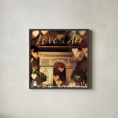 Love is in the Air Arc de Triomphe by Laura Marshall. Shown in a sleek black glass frame for a contemporary gallery look. Available as an archival giclee rolled canvas, fine art paper, or poster print. SKU 32258a.