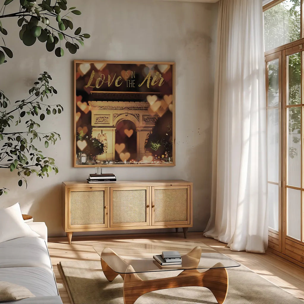 Love is in the Air Arc de Triomphe by Laura Marshall. Shown in a natural wood frame in a cozy modern living room. Available as an archival giclee rolled canvas, fine art paper, or poster print. SKU 32258a.