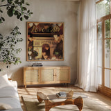 Love is in the Air Arc de Triomphe by Laura Marshall. Shown in a natural wood frame in a cozy modern living room. Available as an archival giclee rolled canvas, fine art paper, or poster print. SKU 32258a.