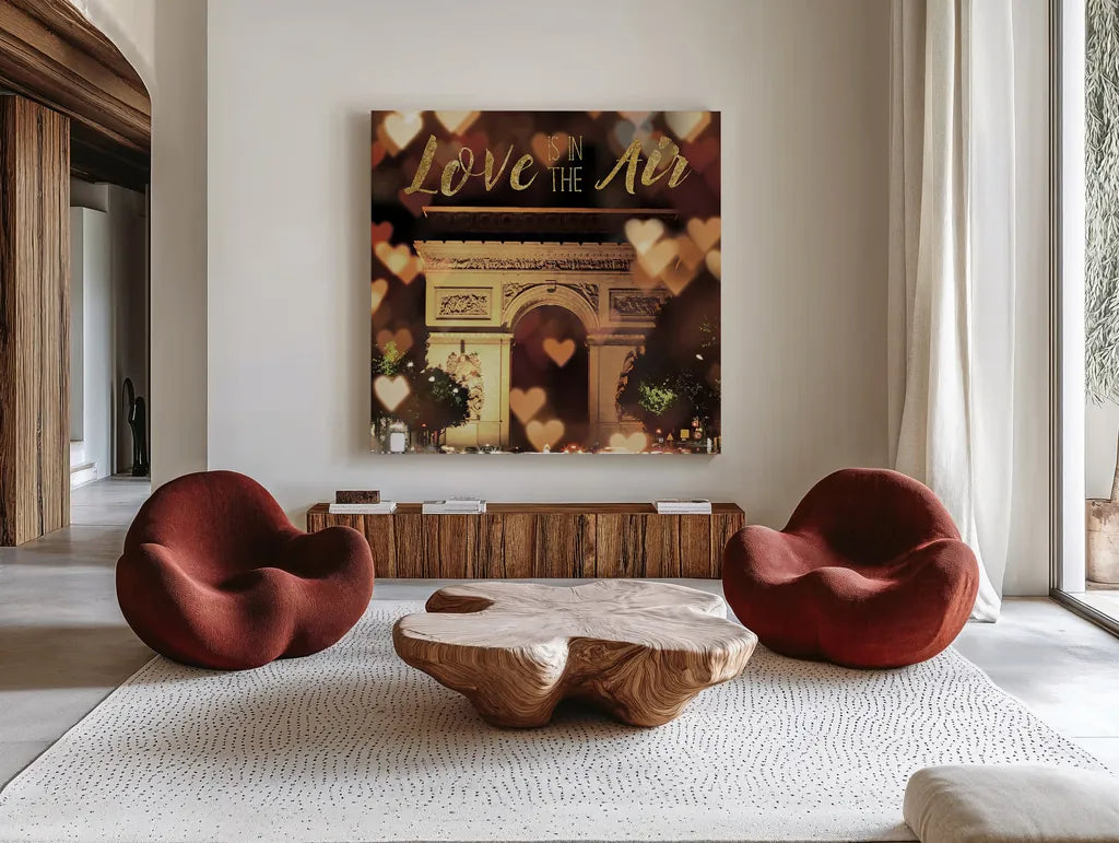 Love is in the Air Arc de Triomphe by Laura Marshall. Shown as extra-large giant wall art in a modern living room. Available as an archival giclee rolled canvas, fine art paper, or poster print. SKU 32258a.
