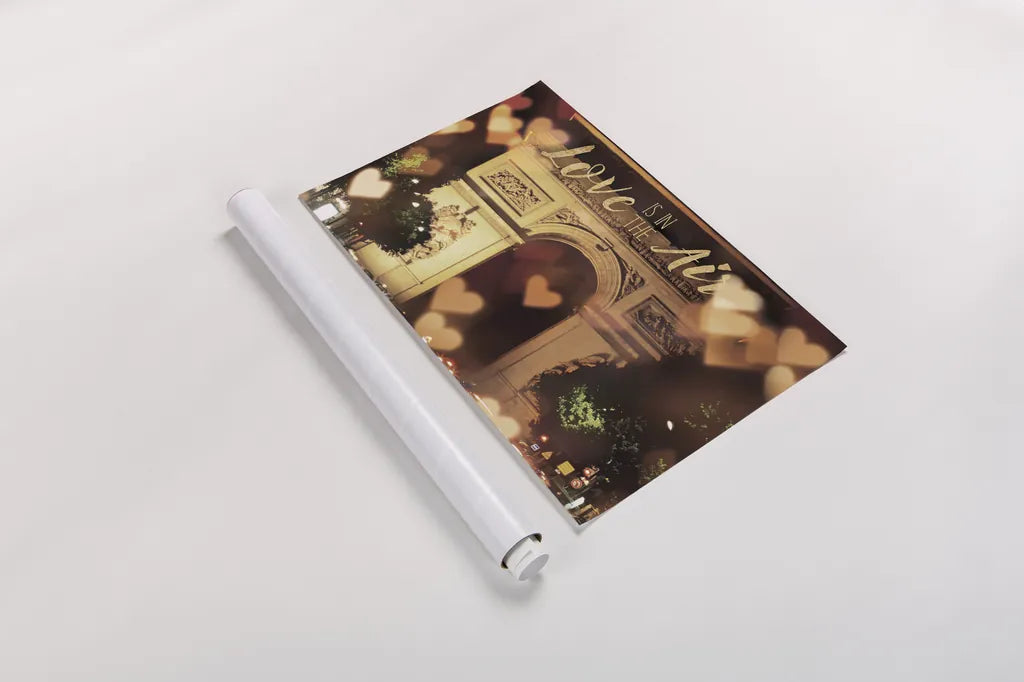 Love is in the Arc de Triomphe v2 by Laura Marshall. shown as a rolled paper print. Available as archival giclee rolled canvas, fine art paper, or poster print. SKU 36980i.