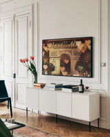 Love is in the Arc de Triomphe v2 by Laura Marshall. shown as a framed stretched canvas in a living room above a console. Available as a archival giclee rolled canvas, fine art paper, or poster print. SKU 36980i.