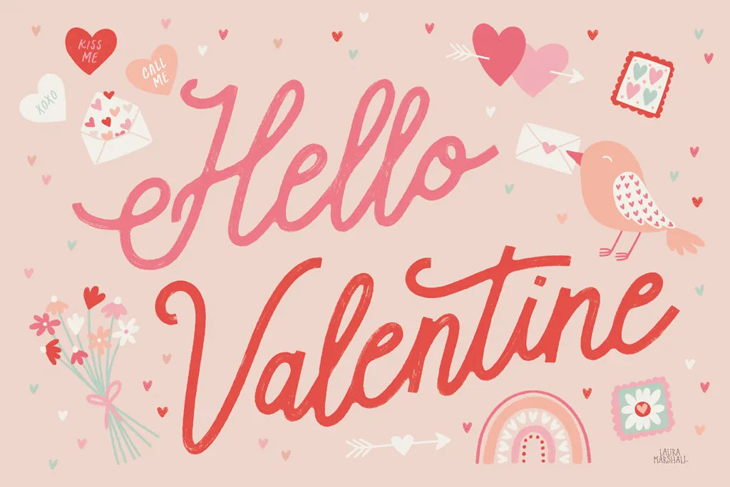 Lovebirds I Hello Valentine by Laura Marshall. SKU 97405i. Archival Giclee Fine art print for wall decor.