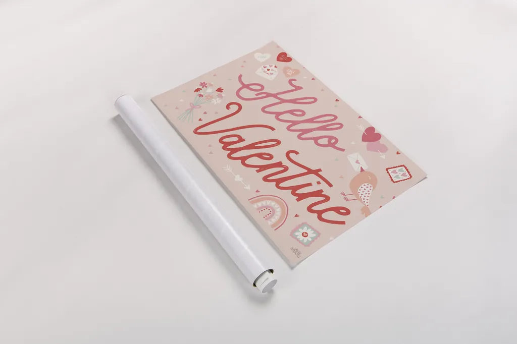 Lovebirds I Hello Valentine by Laura Marshall. shown as a rolled paper print. Available as archival giclee rolled canvas, fine art paper, or poster print. SKU 97405i.