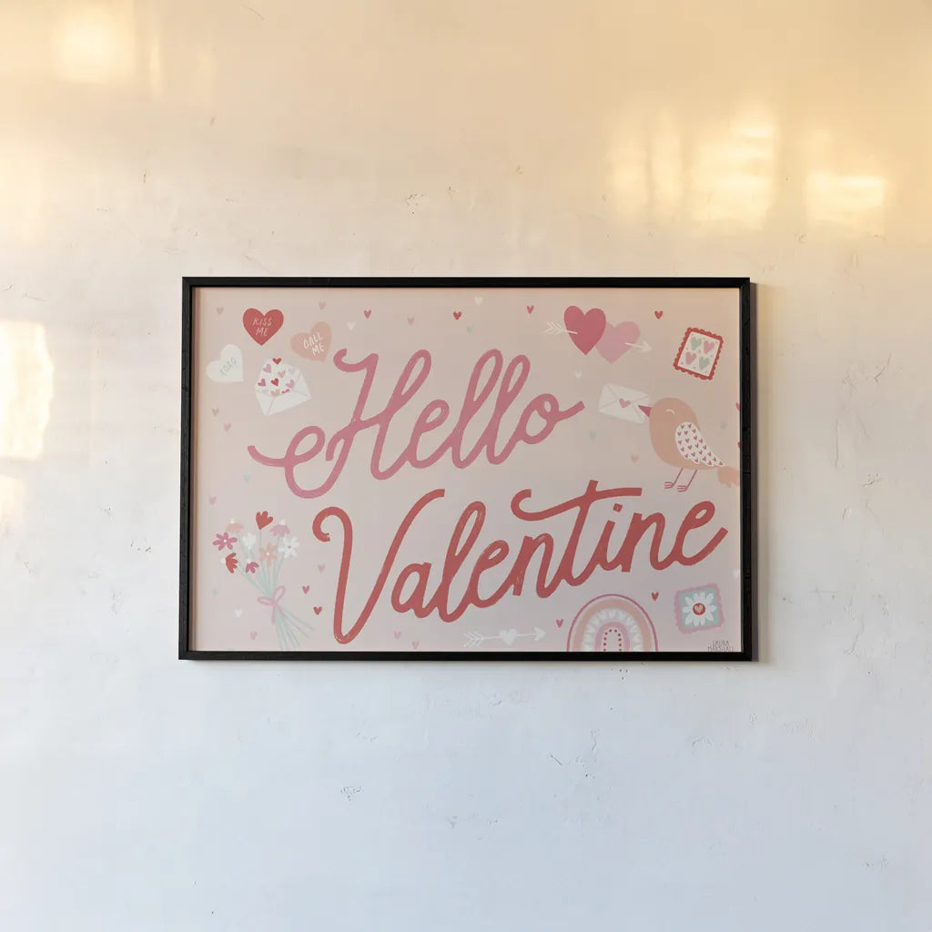 Lovebirds I Hello Valentine by Laura Marshall. shown as a paper print in a black flame. Available as a archival giclee rolled canvas, fine art paper, or poster print. SKU 97405i.