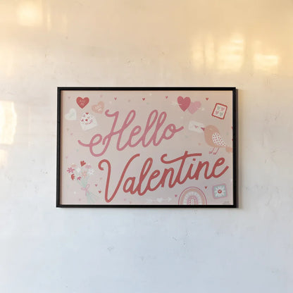 Lovebirds I Hello Valentine by Laura Marshall. shown as a paper print in a black flame. Available as a archival giclee rolled canvas, fine art paper, or poster print. SKU 97405i.