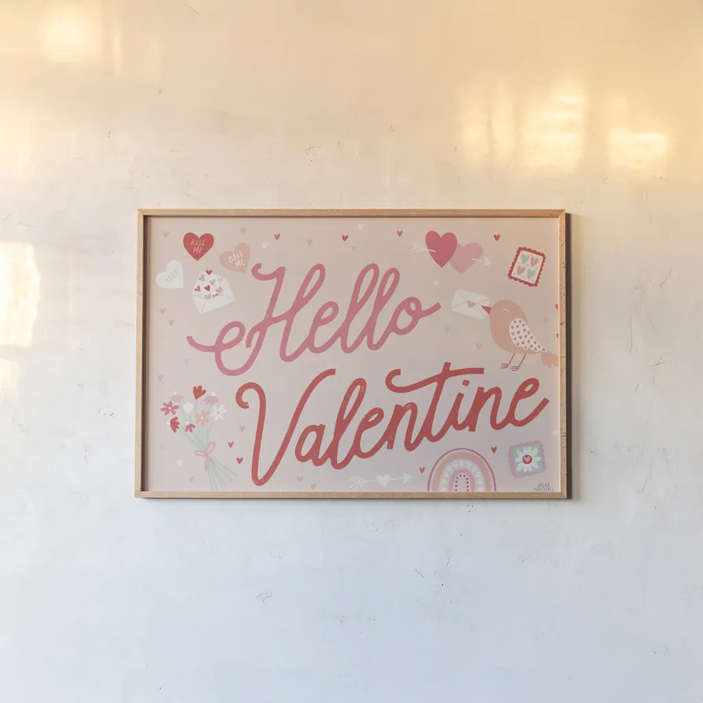 Lovebirds I Hello Valentine by Laura Marshall. shown as a paper print in a natural frame. Available as a archival giclee rolled canvas, fine art paper, or poster print. SKU 97405i.