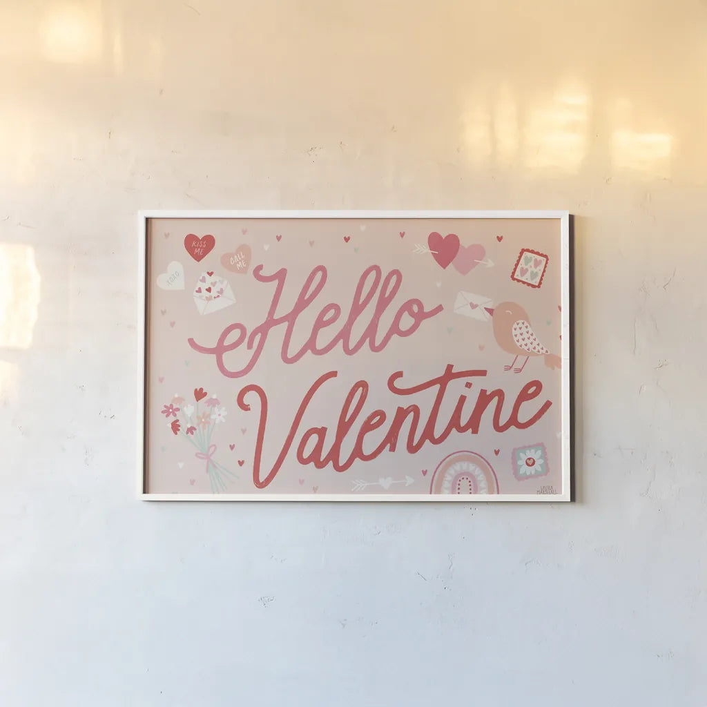 Lovebirds I Hello Valentine by Laura Marshall. shown as a paper print in a white frame. Available as a archival giclee rolled canvas, fine art paper, or poster print. SKU 97405i.